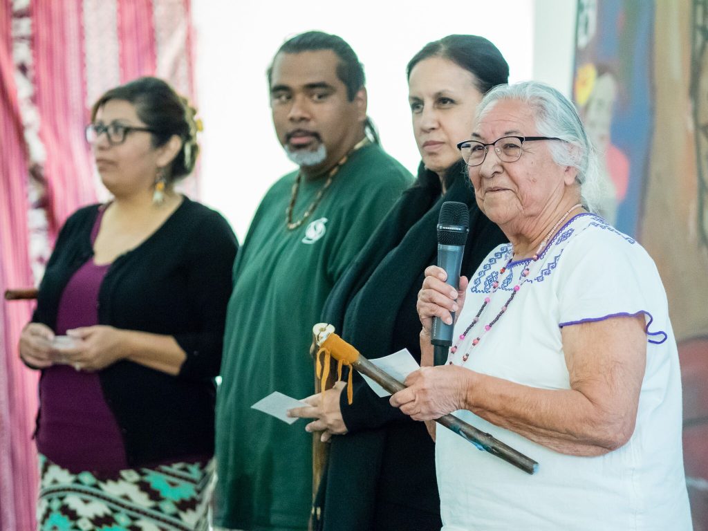 A group of language keepers presents at a gathering of the Advocates for Indigenous California Language Survival.