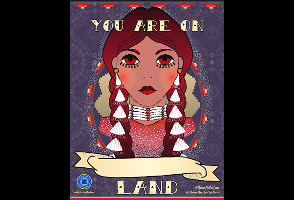 Honor Native Land poster with illustration of Indigenous woman.