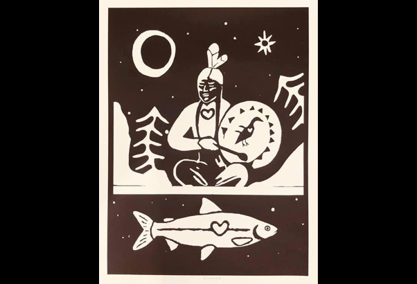 Onaman Collective art depicting man sitting near river with a fish swimming below.