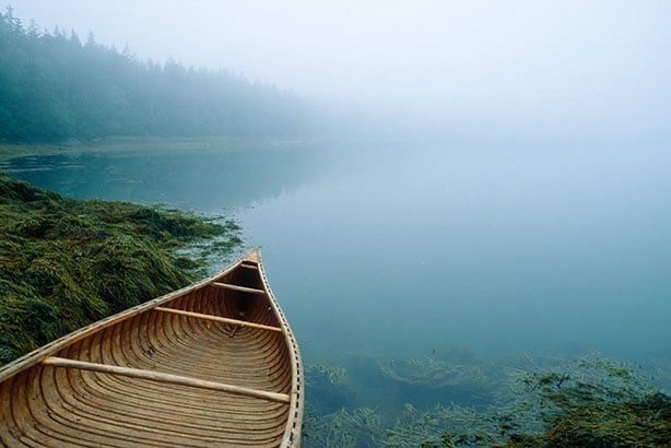 A handmade canoe sets out into Passamaquoddy Bay