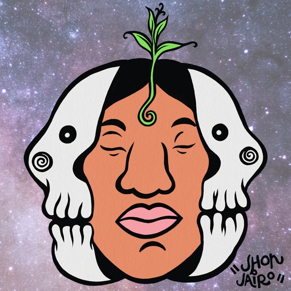 Artwork by JJ Valencia of a face emerging from a skull and a sprout emerging from the forehead.